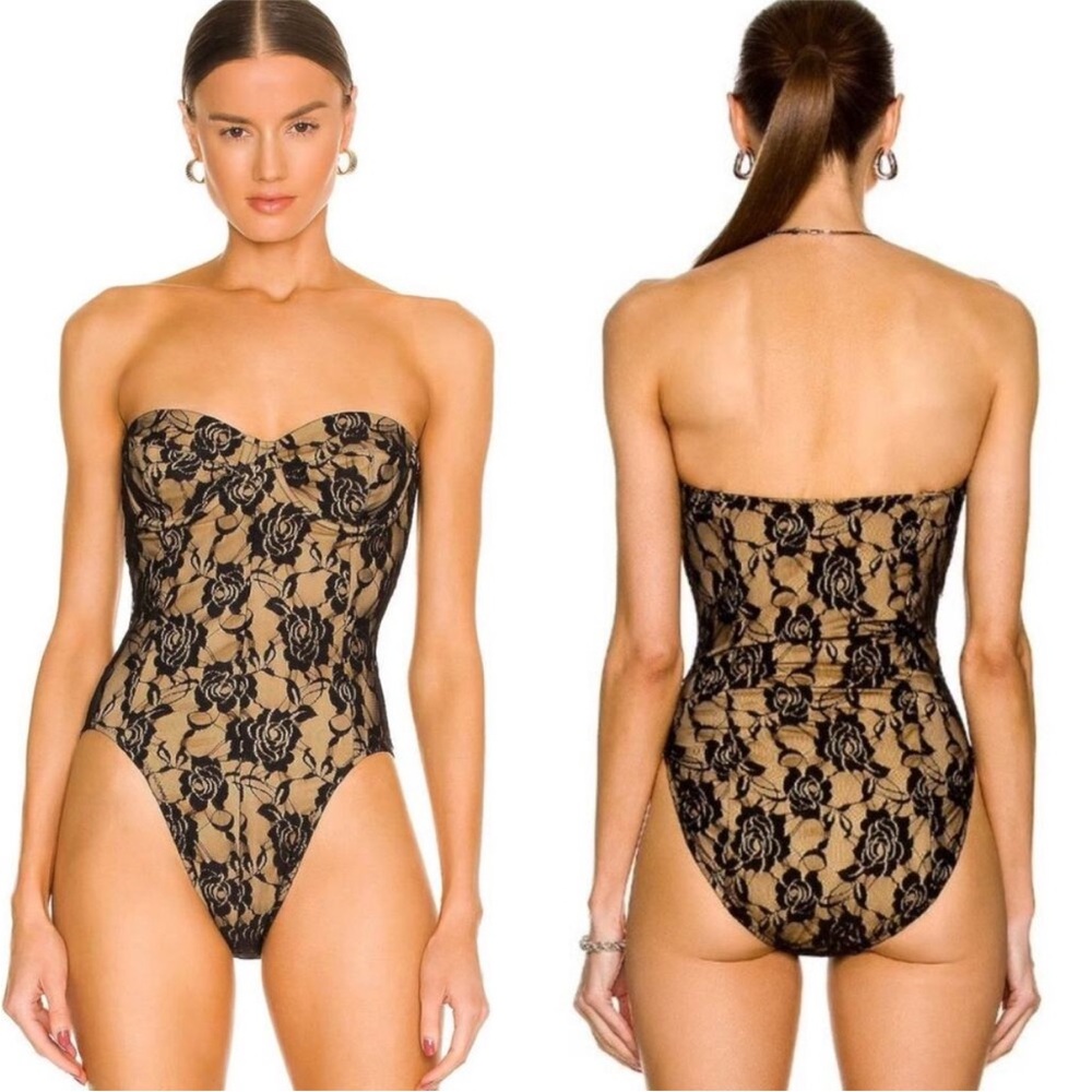 LAST CHANCE NEW Norma Kamali Mio Lace Corset Black Nude Strapless One Piece XS